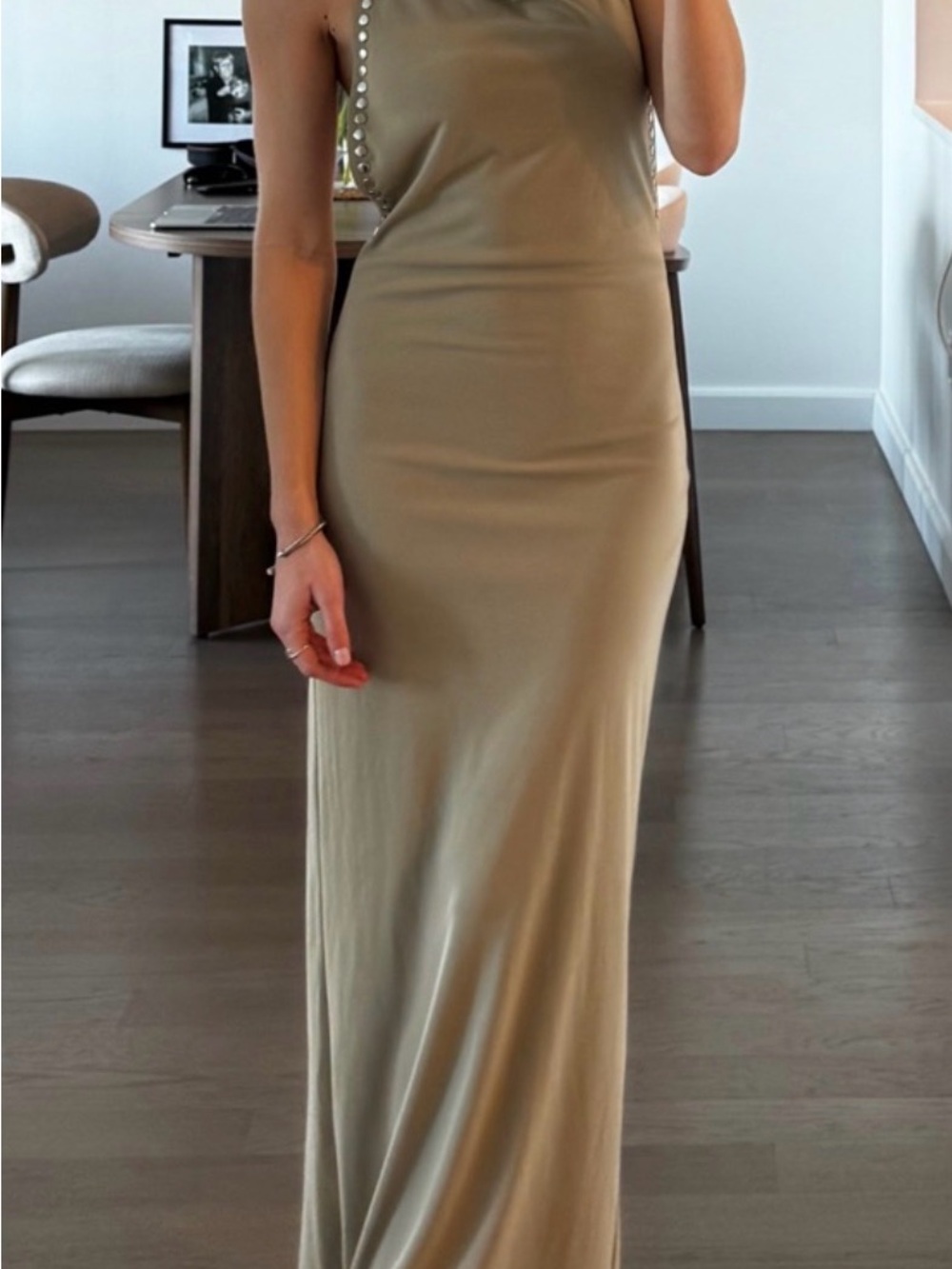 Zara Olive Maxi Dress with Pearl-Trim Strap